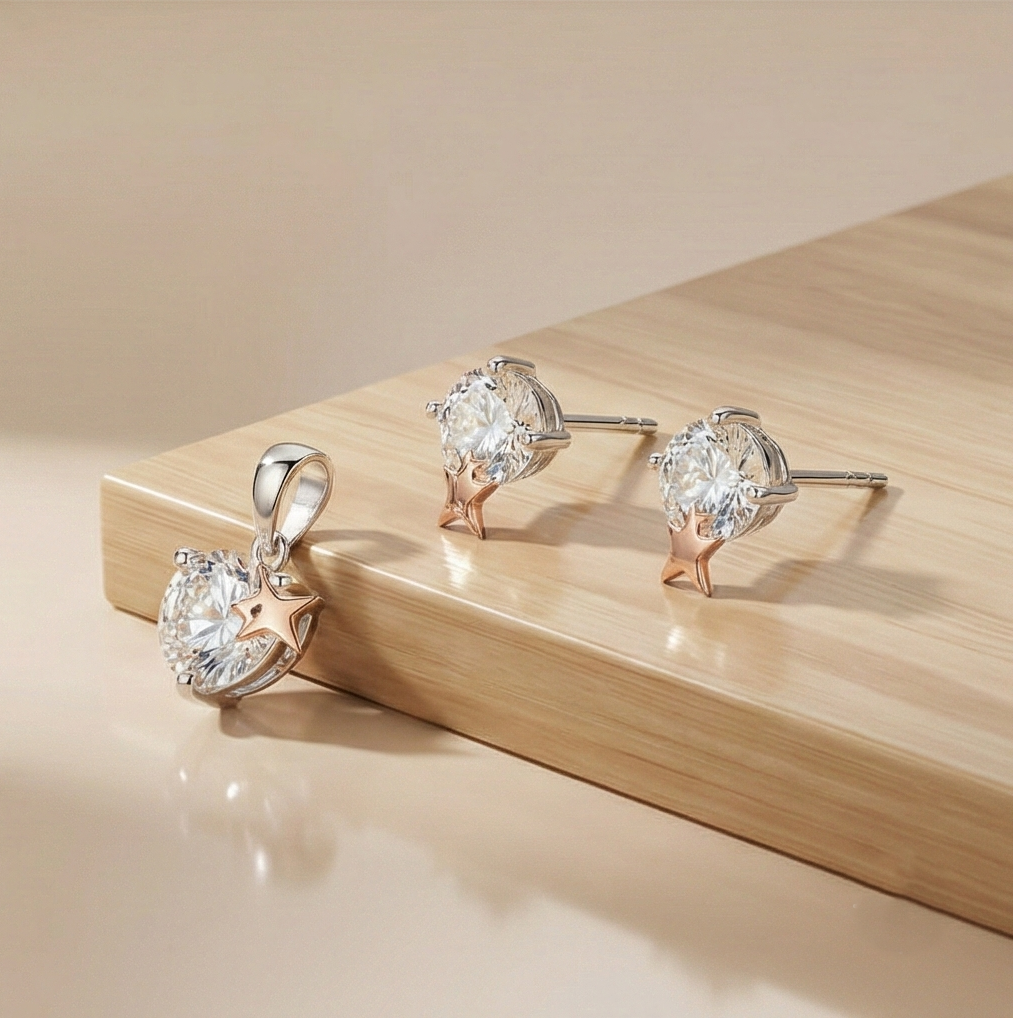 925 Sterling Silver Solitaire Pendant & Earrings Set With Rose Gold Star Jewellery For Women - Dual Tone Finish : AG02680079