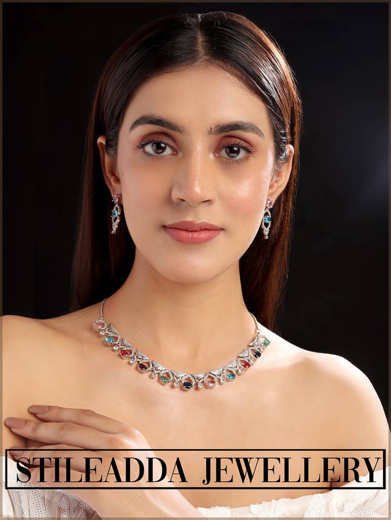 Silver-Plated Sleek Cut Work Cz Ad Necklace : AD126MULTI