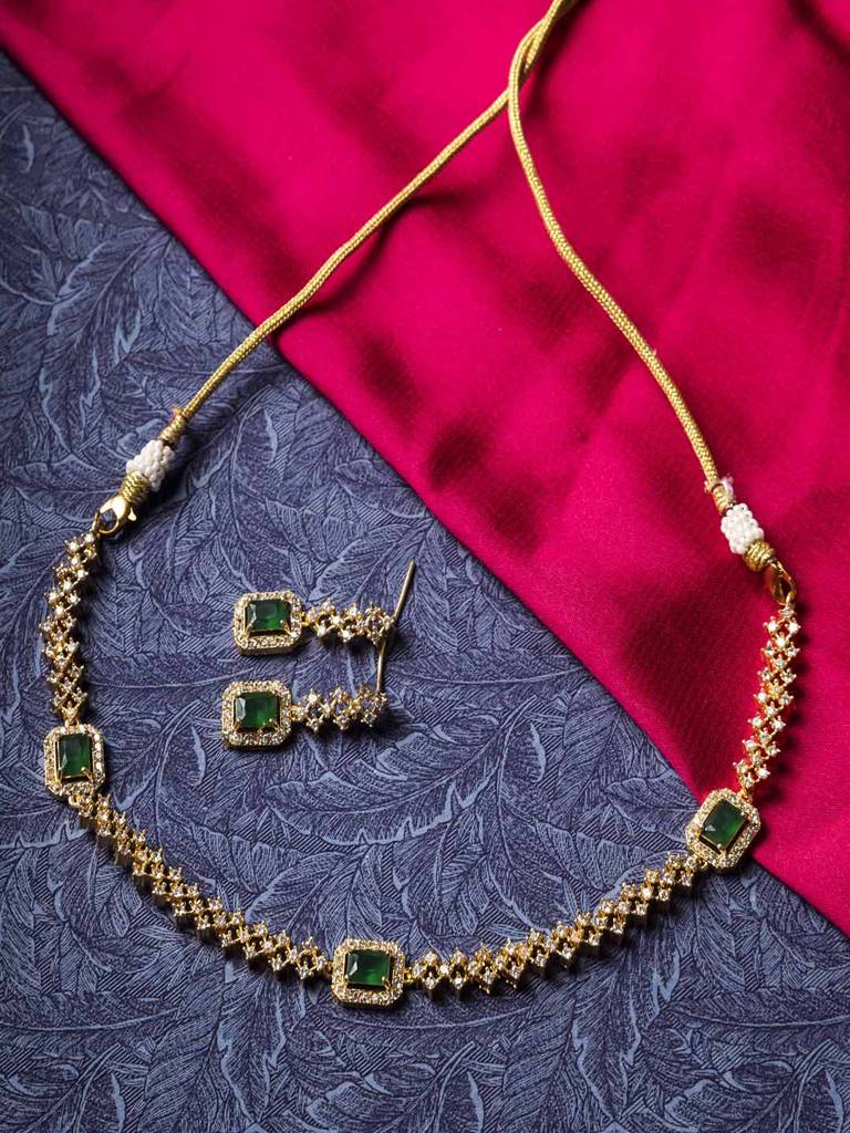Green Three Stone American Diamond Necklace Set : AD201GREEN