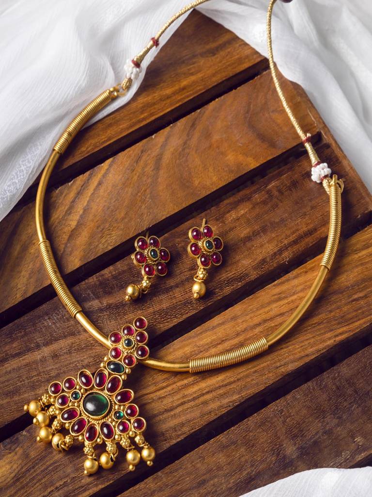 Gold Plated Ruby Green Kempu Hasli Necklace Set : Kempu106multi