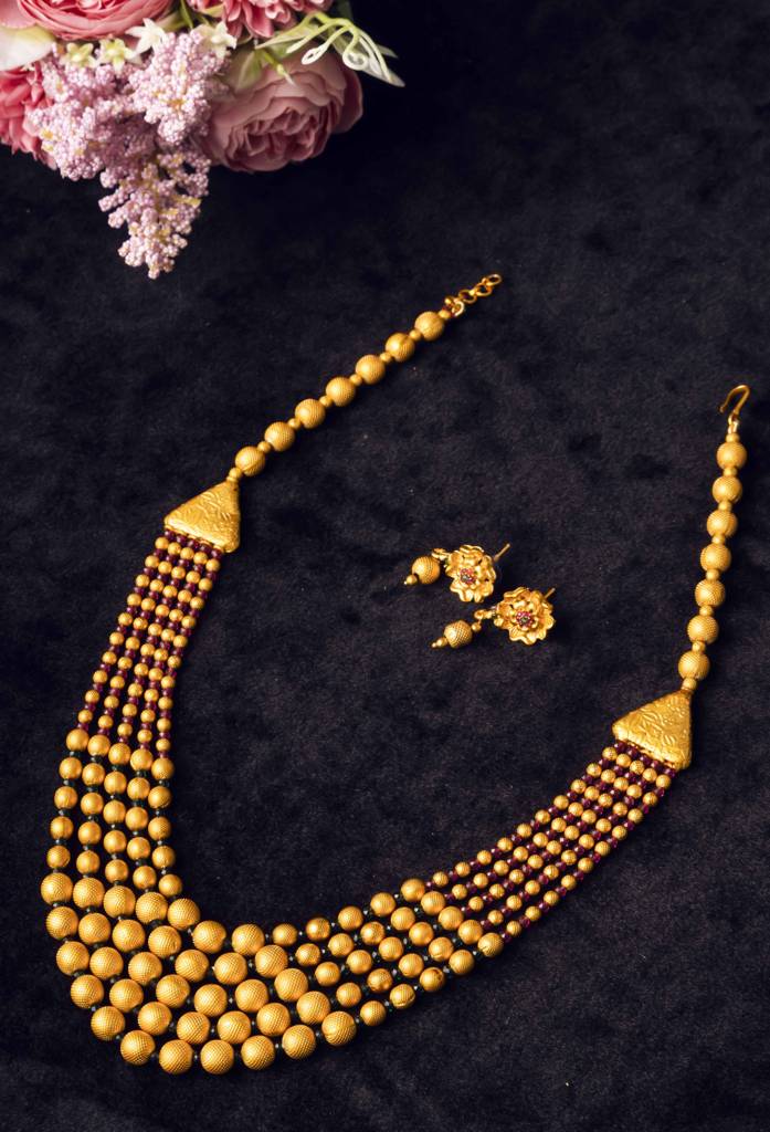 Gold Plated Multilayer Brass Mala Necklace Set With Flower Earrings : MalaRed01