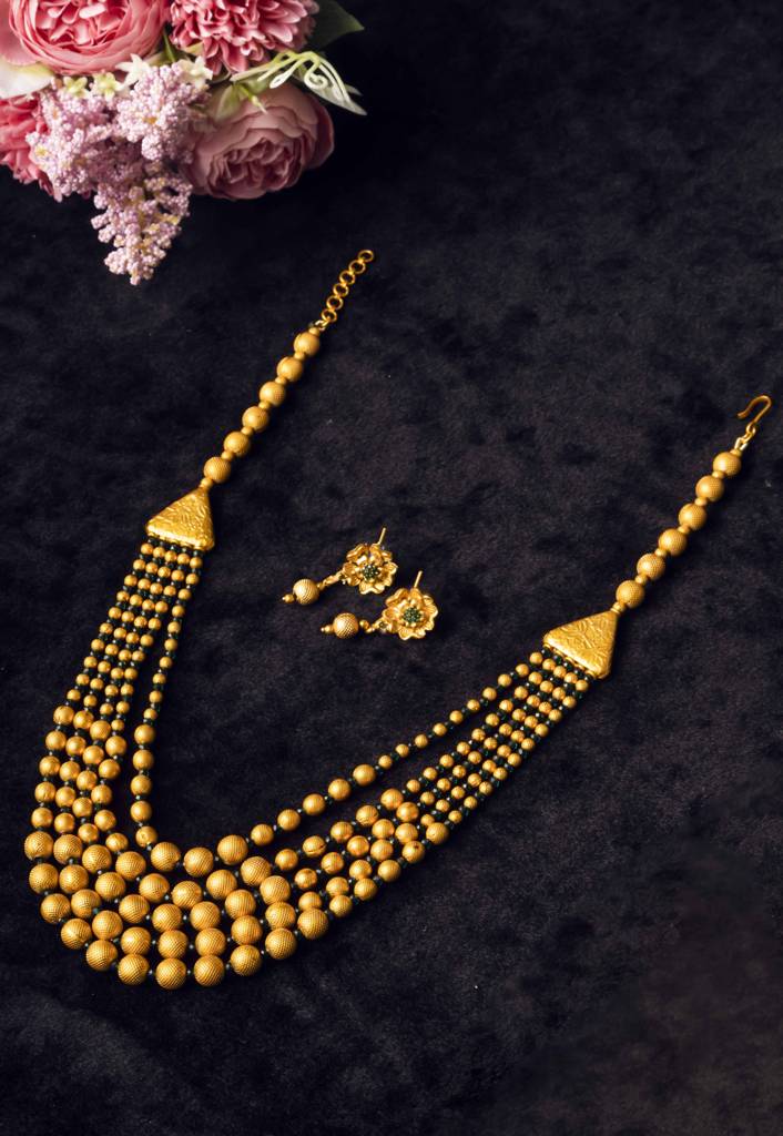 Gold Plated Multilayer Brass Mala Necklace Set With Flower Earrings : MalaGreen01
