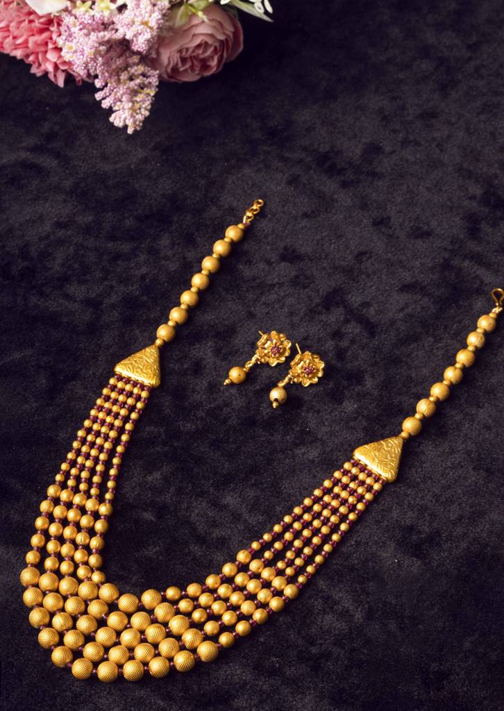 Gold Plated Multilayer Brass Mala Necklace Set With Flower Earrings : MalaMulti01