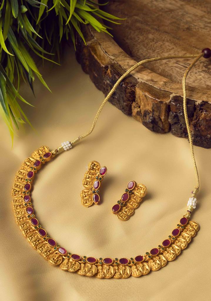 Exquisite Gold-Plated Classy Coin Necklace Set : LaxmicoinGreen