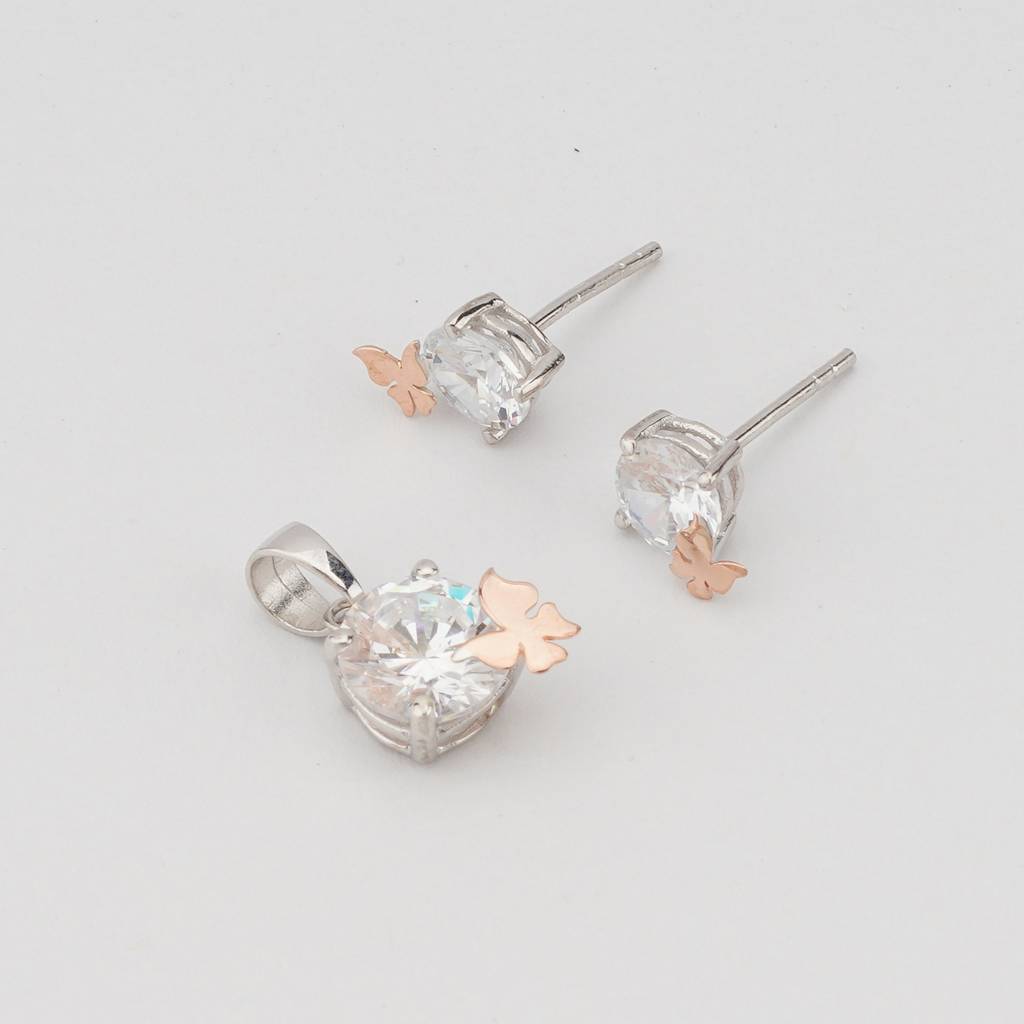 925 Sterling Silver Solitaire Pendant & Earrings Set With Rose Gold Butterfly Jewellery For Women : AG02668080