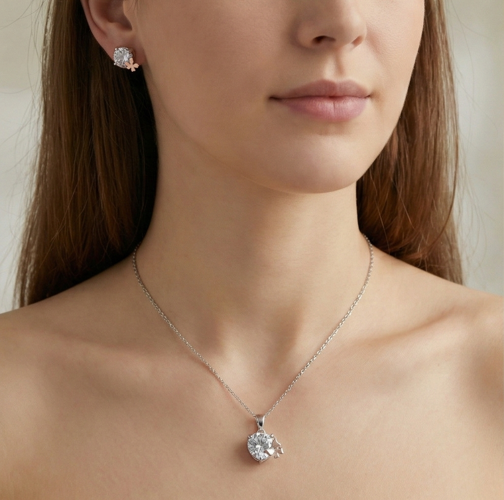 925 Sterling Silver Solitaire Pendant & Earrings Set With Rose Gold Butterfly Jewellery For Women : AG02668080