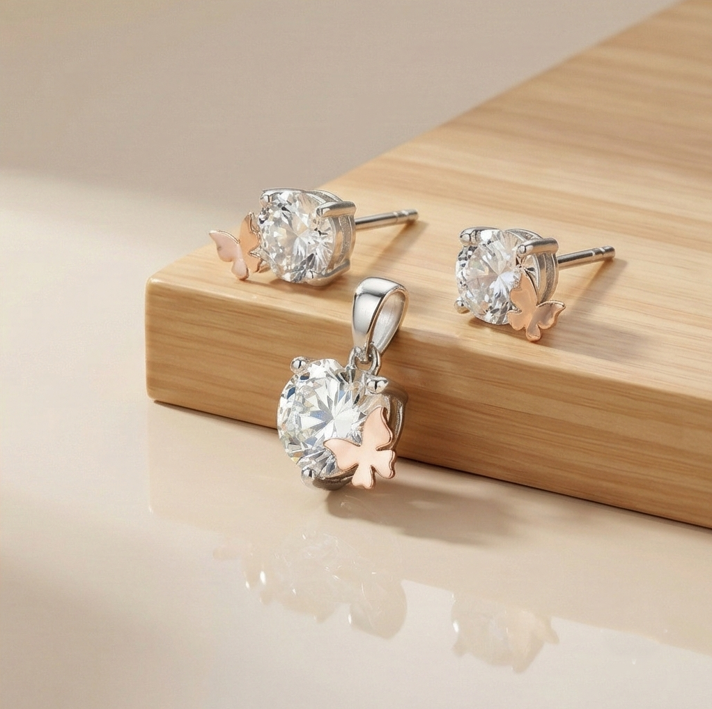 925 Sterling Silver Solitaire Pendant & Earrings Set With Rose Gold Butterfly Jewellery For Women : AG02668080