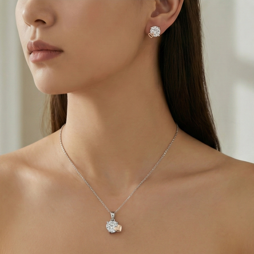 925 Sterling Silver Solitaire Heart Accent Pendant Set Two Tone Jewellery : AG02739081