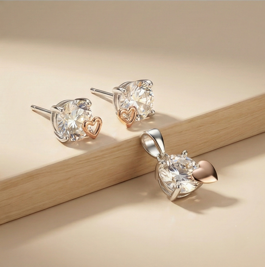 925 Sterling Silver Solitaire Heart Accent Pendant Set Two Tone Jewellery : AG02739081