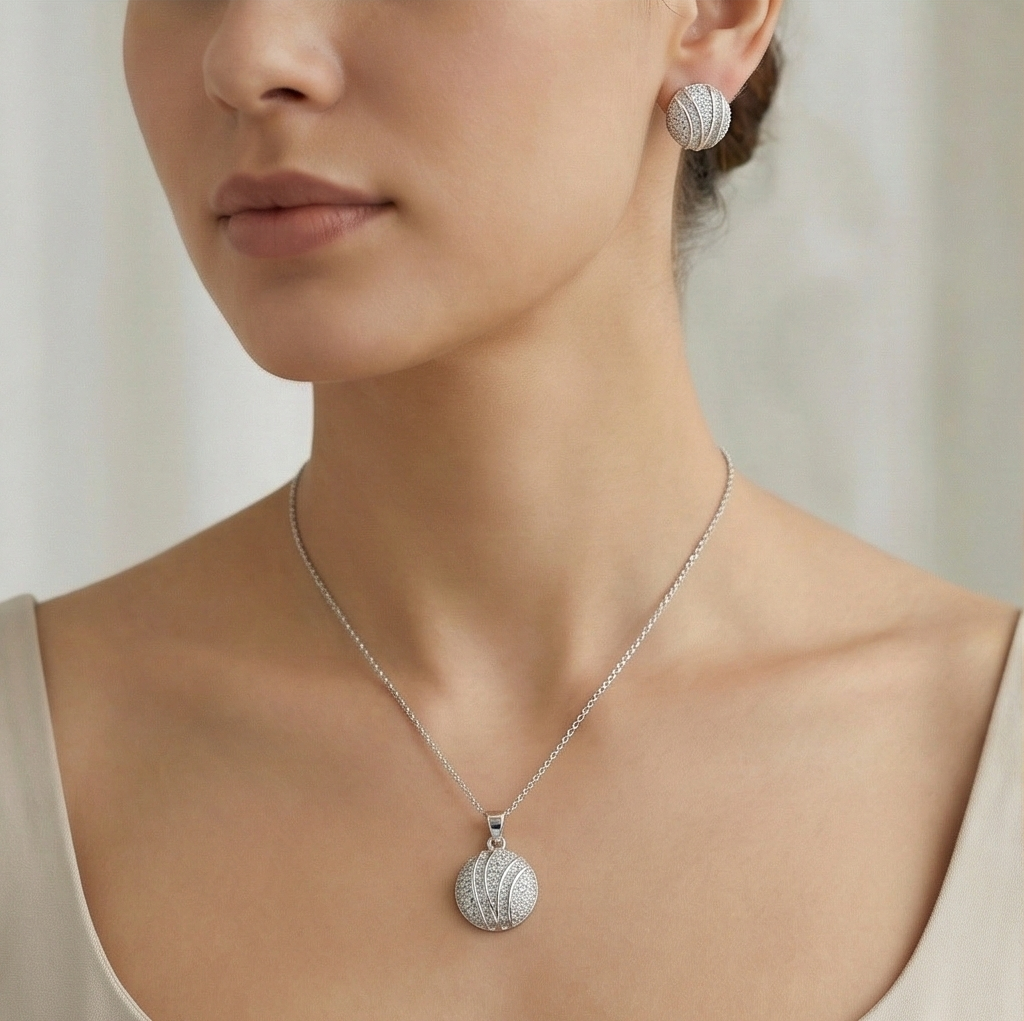 925 Sterling Silver Pave Dome Sphere Pendant Set Rhodium Finish Jewellery : AG05100085