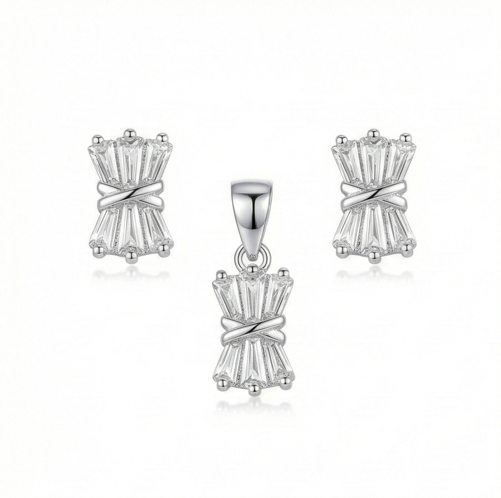 925 Sterling Silver Baguette Bow Tie Pendant Set High Polish Jewellery For Women & Girls : AG04967089