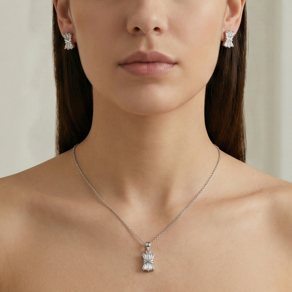 925 Sterling Silver Baguette Bow Tie Pendant Set High Polish Jewellery For Women & Girls : AG04967089