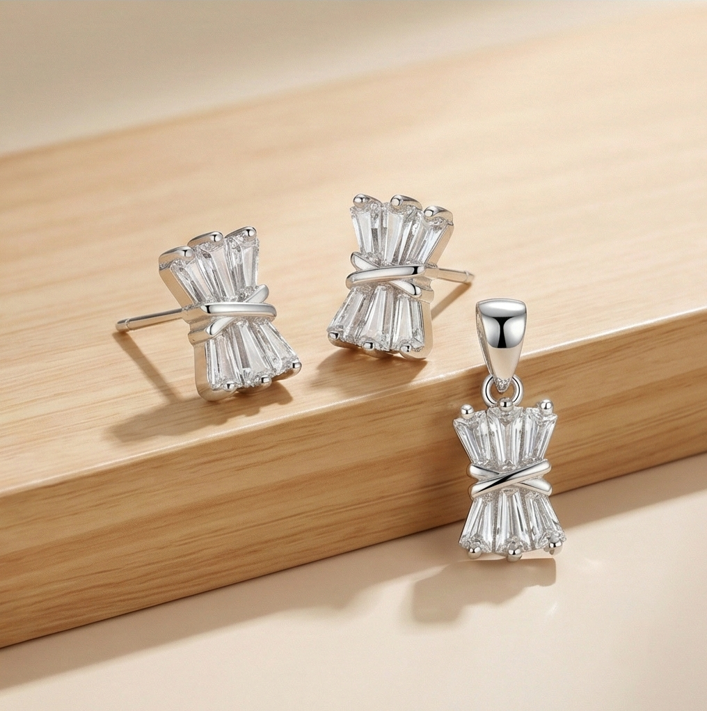 925 Sterling Silver Baguette Bow Tie Pendant Set High Polish Jewellery For Women & Girls : AG04967089