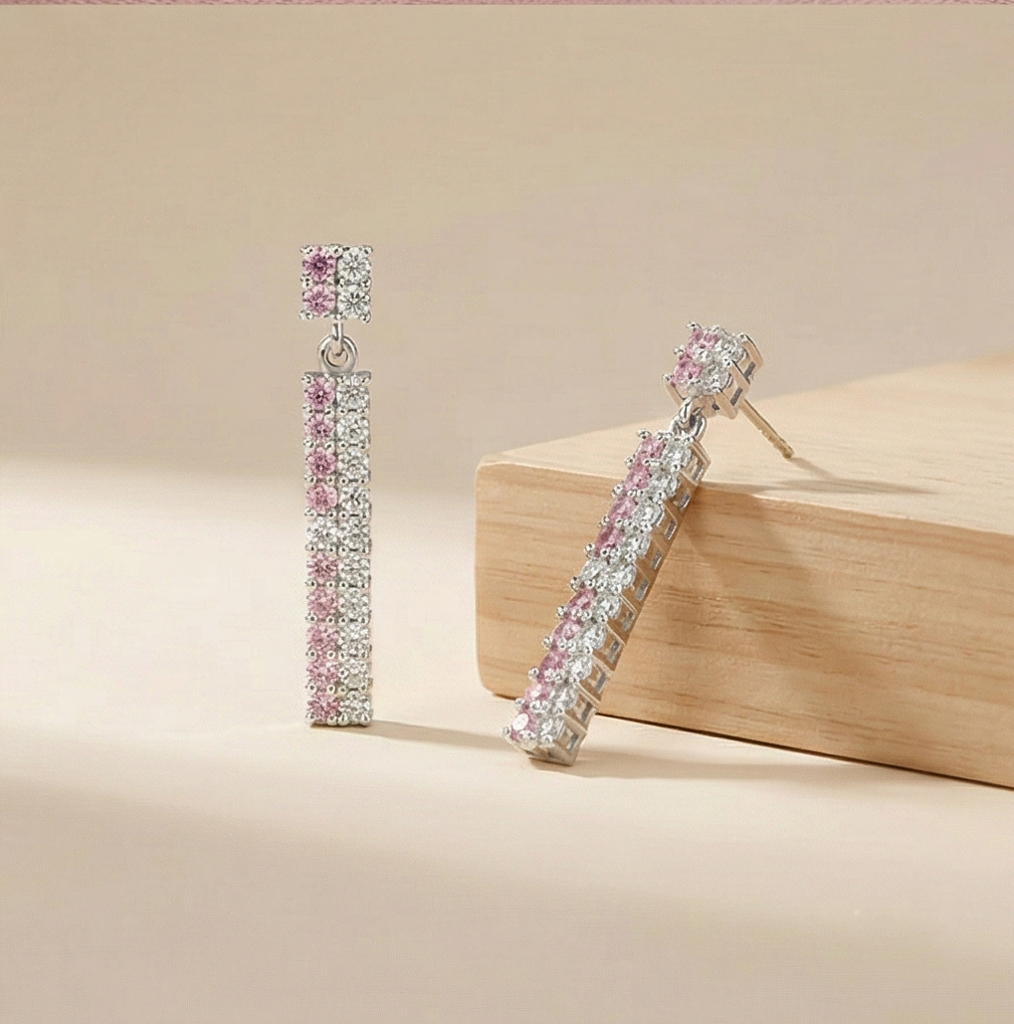 925 Sterling Silver Pink And White Linear Drop Earrings Jewellery For Women : AG00005098