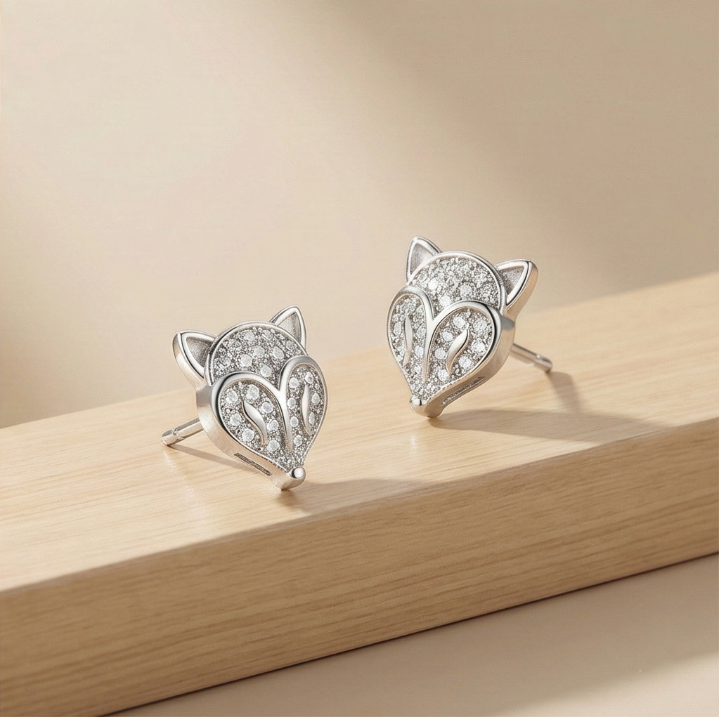 925 Sterling Silver Pave Fox Head Stud Earrings Jewellery For Women : AG05499102