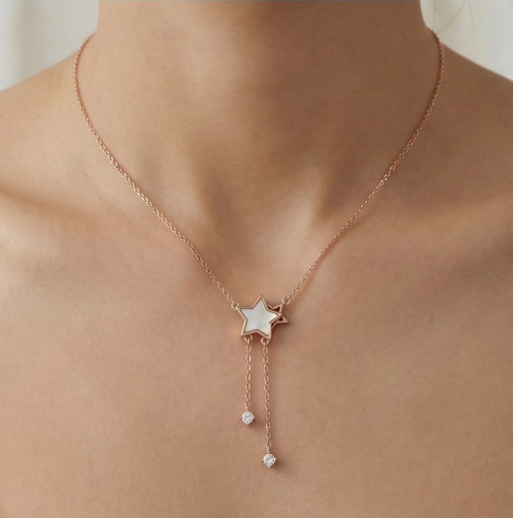 925 Sterling Silver Rose Gold Plated Star Drop Lariat Necklace Jewellery For Women : AG06560109