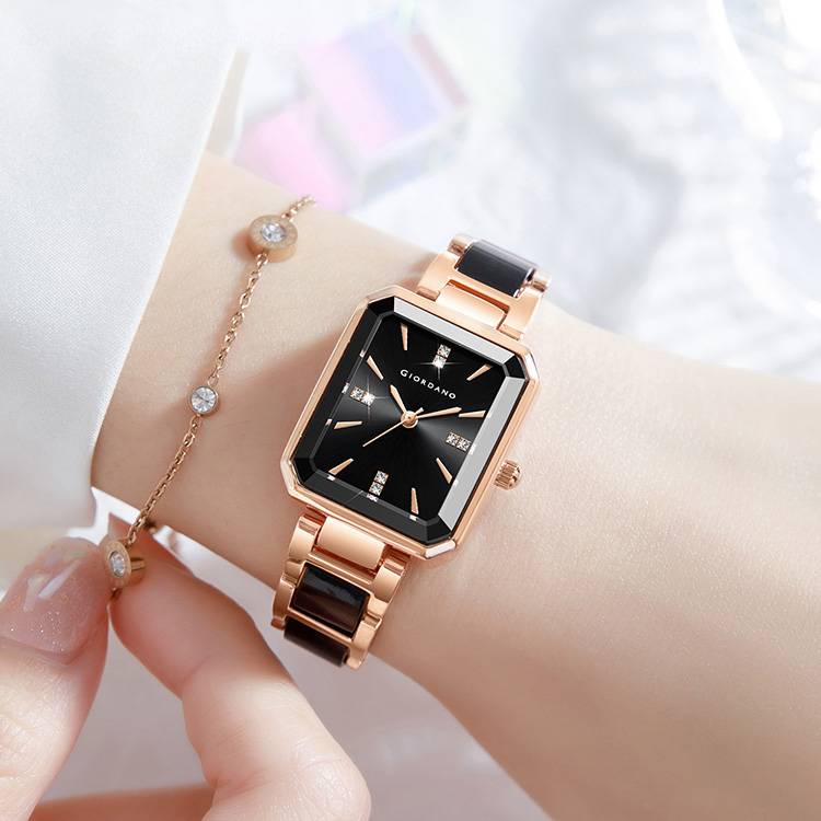 Giordano Classic Rectangular Dial Watch For Women With Crystal Markers And Dual Tone Stainless Steel Strap : GZ-60101-11
