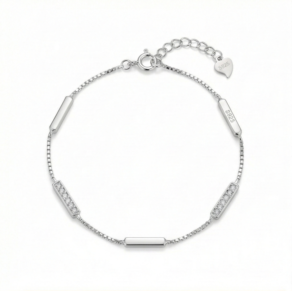925 Sterling Silver Bar Station Bracelet For Women, High Polish Rhodium Finish Minimalist Jewellery : AG04676119