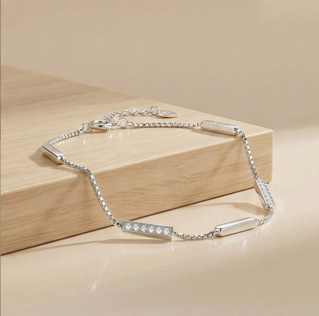925 Sterling Silver Bar Station Bracelet For Women, High Polish Rhodium Finish Minimalist Jewellery : AG04676119