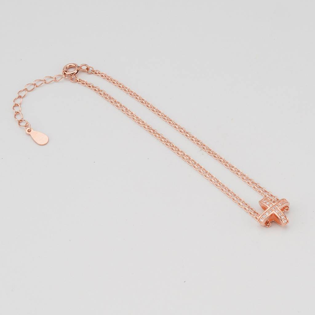 925 Sterling Silver Rose Gold Plated Cross Bracelet For Women, Double Chain Faith Jewellery : AG04695121