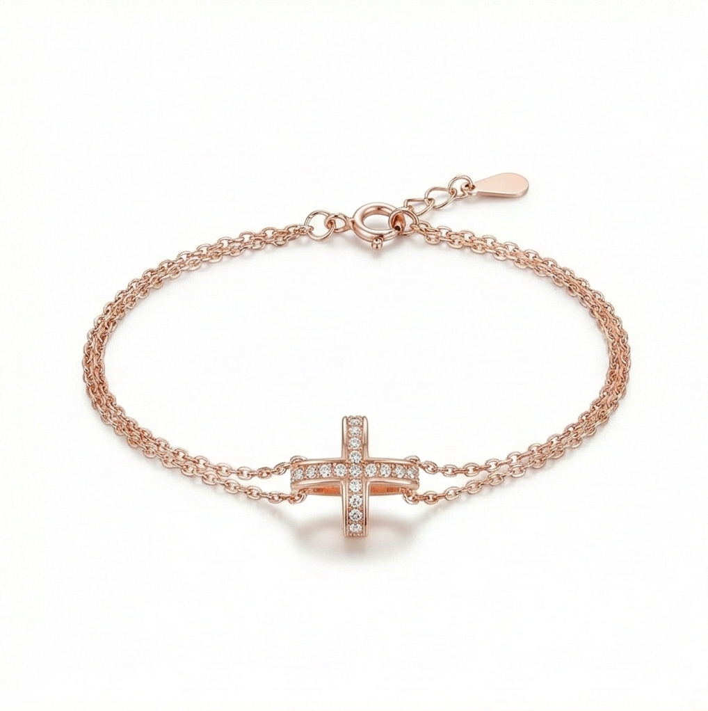 925 Sterling Silver Rose Gold Plated Cross Bracelet For Women, Double Chain Faith Jewellery : AG04695121