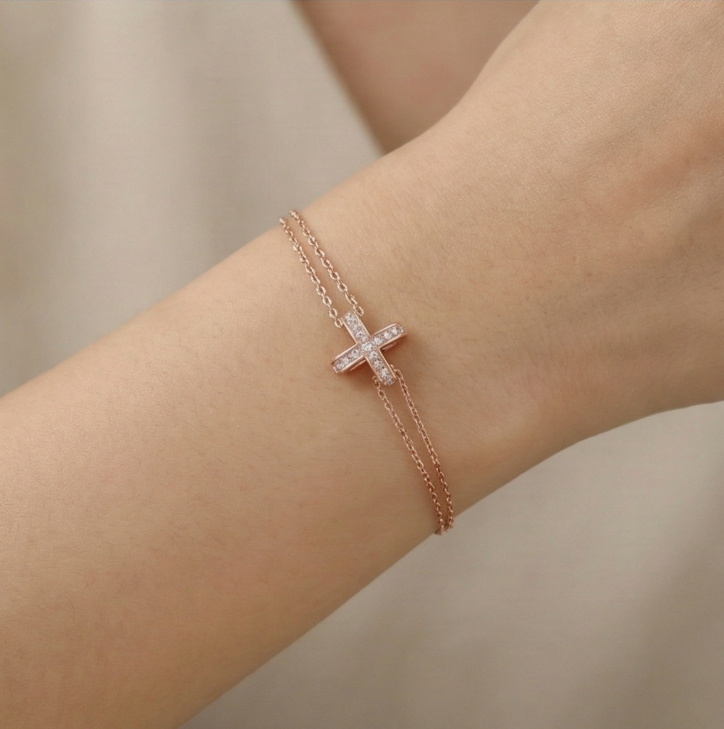 925 Sterling Silver Rose Gold Plated Cross Bracelet For Women, Double Chain Faith Jewellery : AG04695121