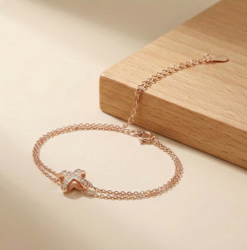 925 Sterling Silver Rose Gold Plated Cross Bracelet For Women, Double Chain Faith Jewellery : AG04695121