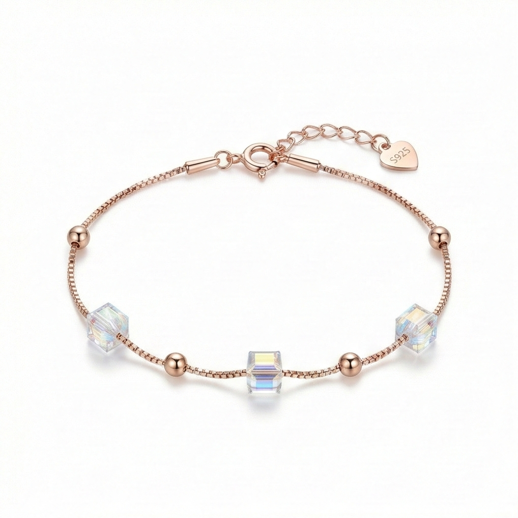 925 Sterling Silver Rose Gold Plated Iridescent Cube Station Bracelet Jewellery For Women : AG06211129