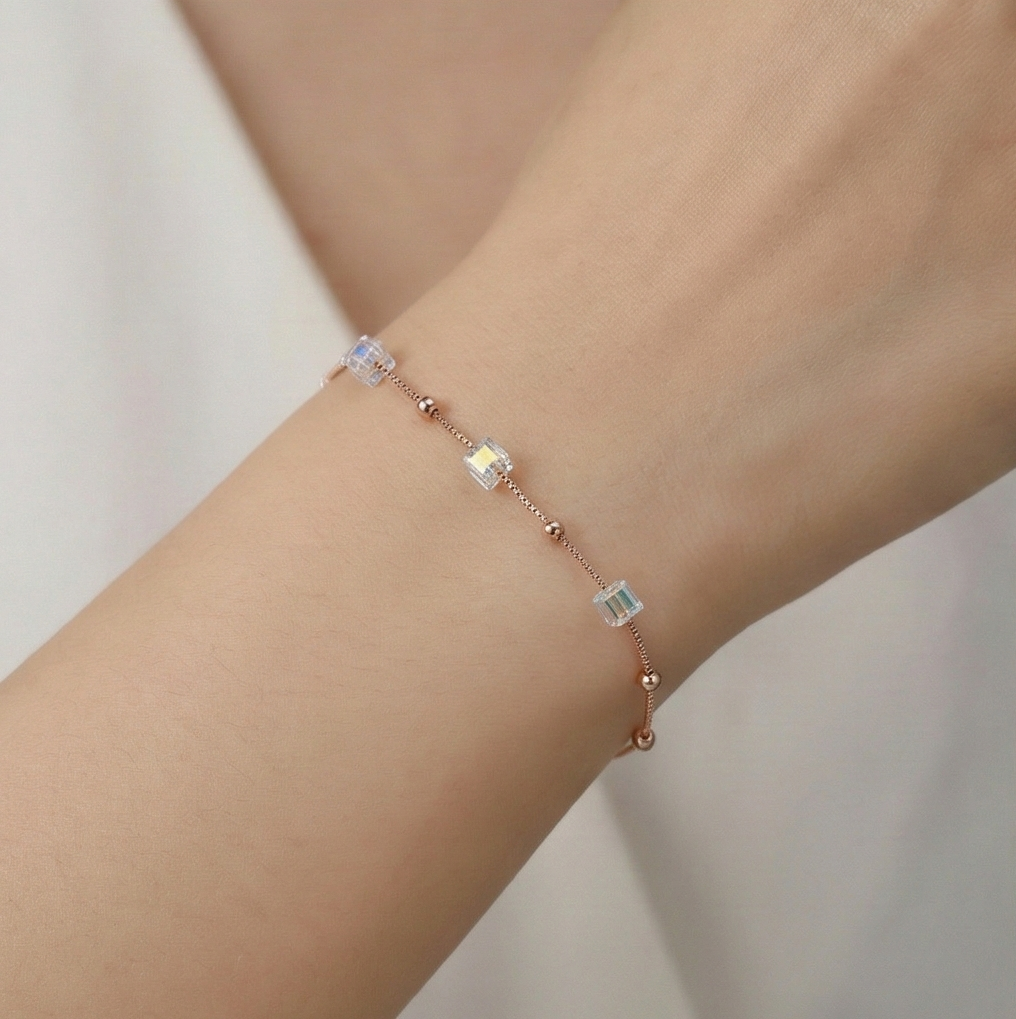 925 Sterling Silver Rose Gold Plated Iridescent Cube Station Bracelet Jewellery For Women : AG06211129