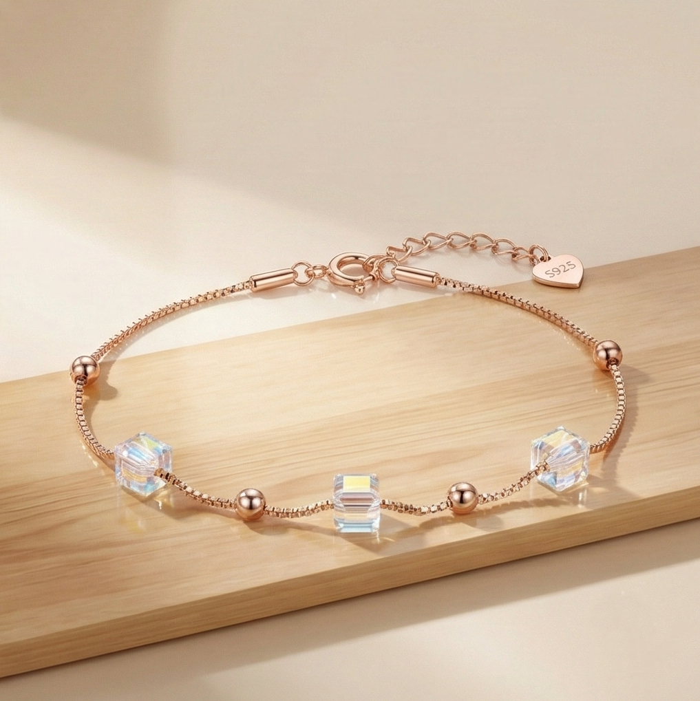 925 Sterling Silver Rose Gold Plated Iridescent Cube Station Bracelet Jewellery For Women : AG06211129