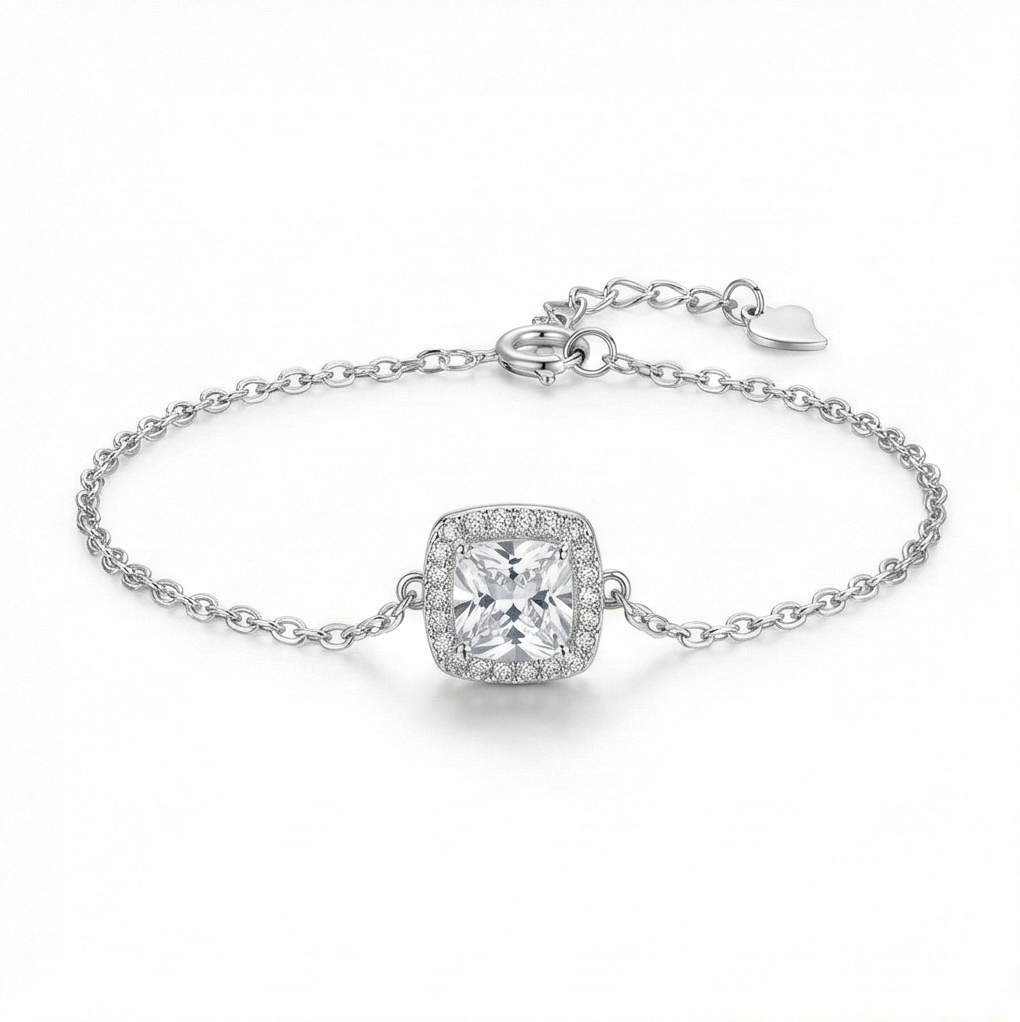 925 Sterling Silver Square Halo Solitaire Charm Bracelet Jewellery For Women Silver Finish : AG03825132