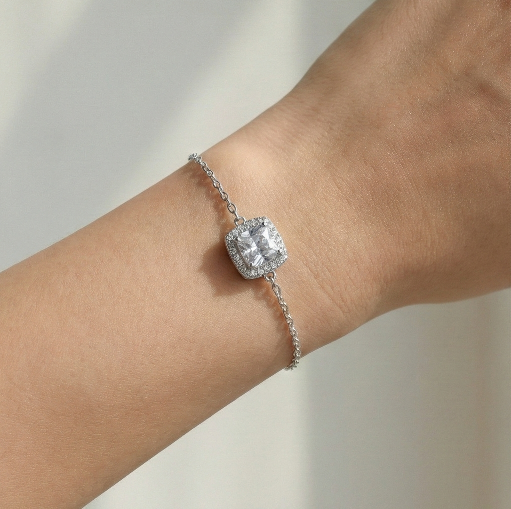 925 Sterling Silver Square Halo Solitaire Charm Bracelet Jewellery For Women Silver Finish : AG03825132