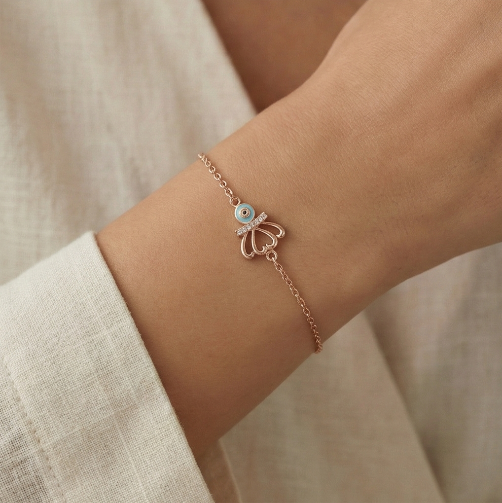 925 Sterling Silver Rose Gold Plated Evil Eye Protection Bracelet Jewellery For Women : AG03651133