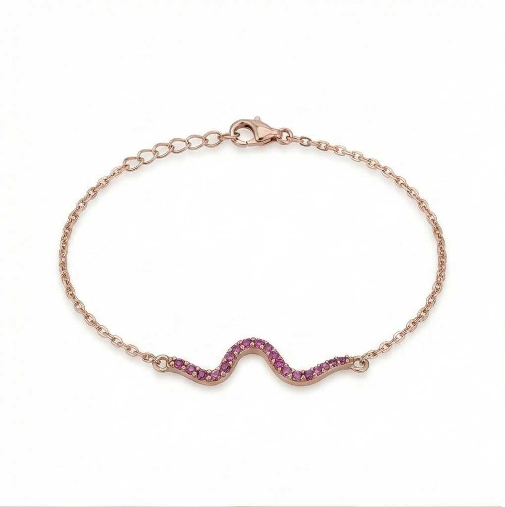 925 Sterling Silver Rose Gold Plated Pink Stone Wave Bar Bracelet Jewellery For Women : AG03640134