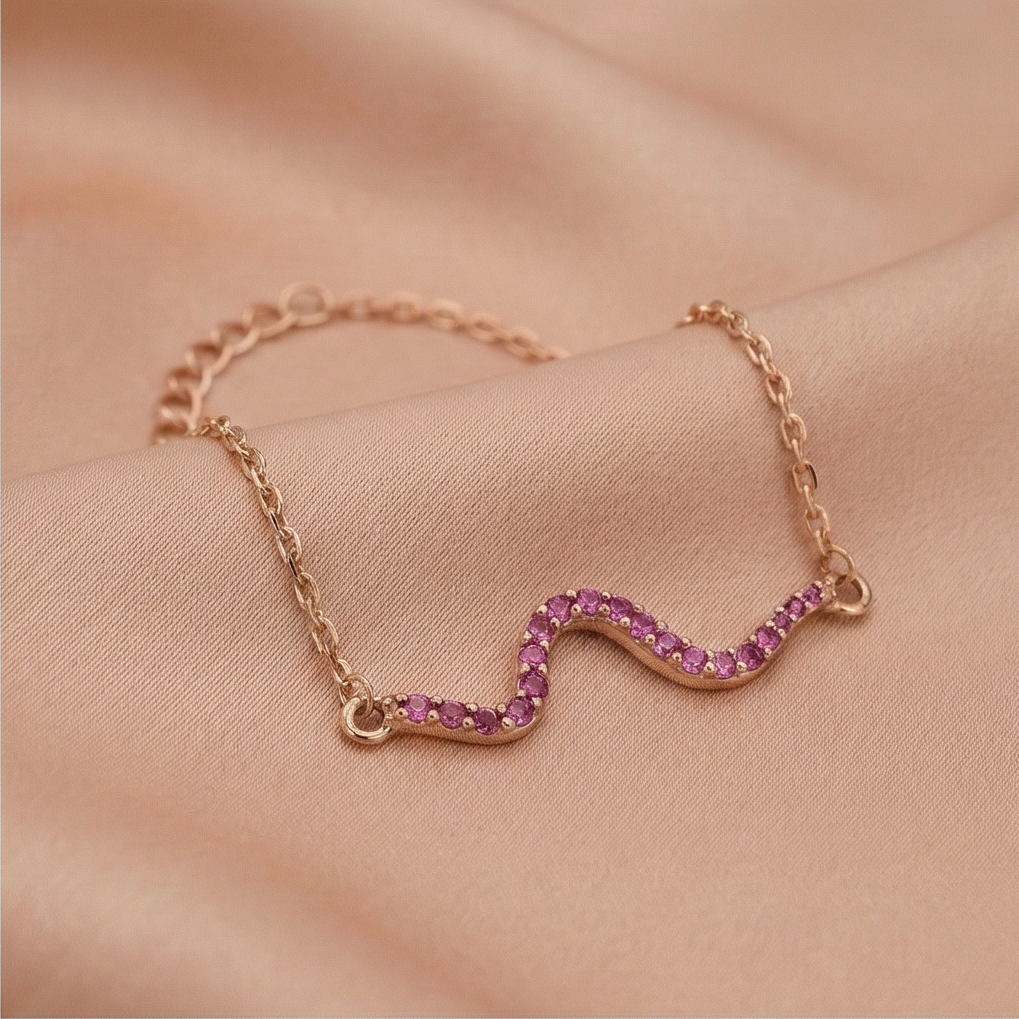 925 Sterling Silver Rose Gold Plated Pink Stone Wave Bar Bracelet Jewellery For Women : AG03640134