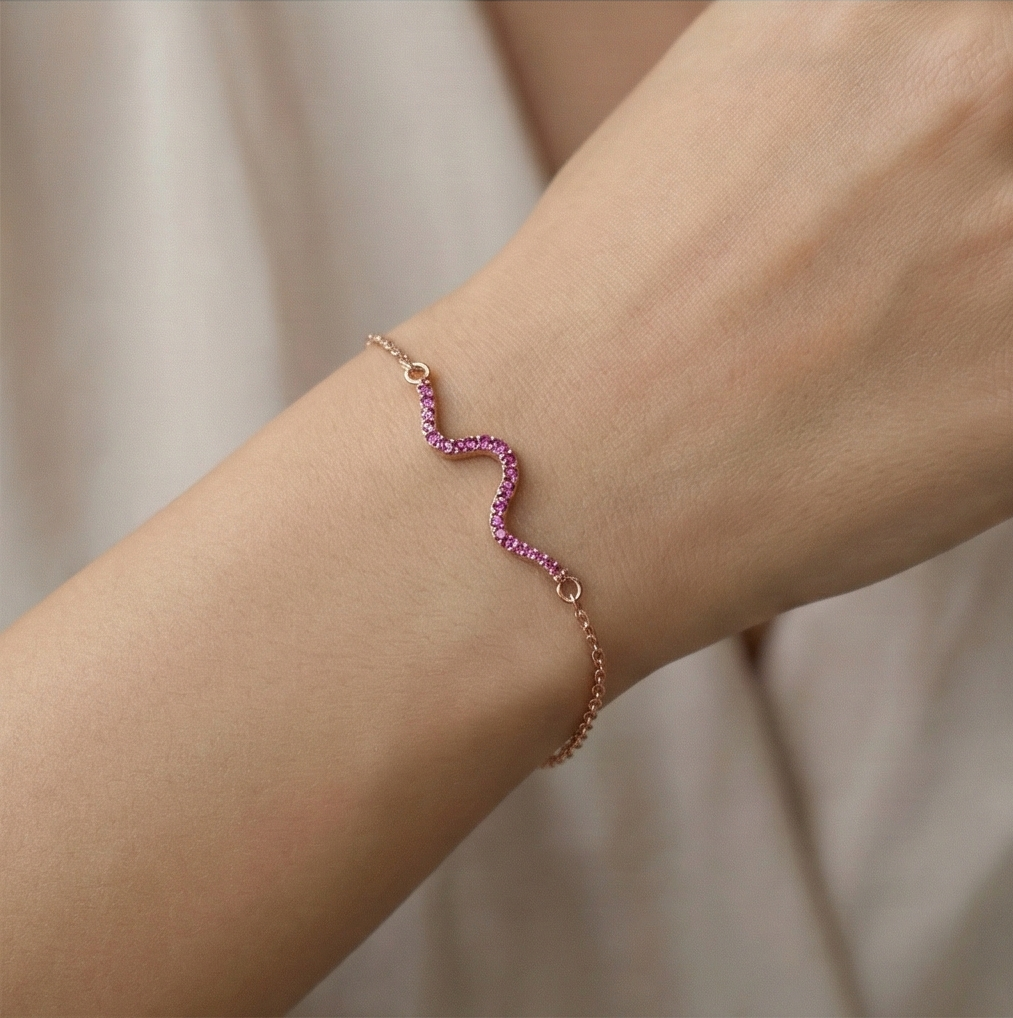 925 Sterling Silver Rose Gold Plated Pink Stone Wave Bar Bracelet Jewellery For Women : AG03640134
