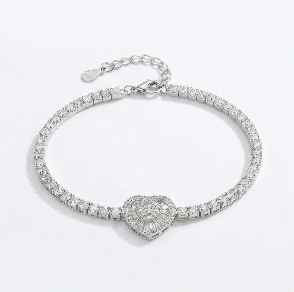 925 Sterling Silver Heart Cluster Adjustable Tennis Bracelet Jewellery For Women : AG03800136