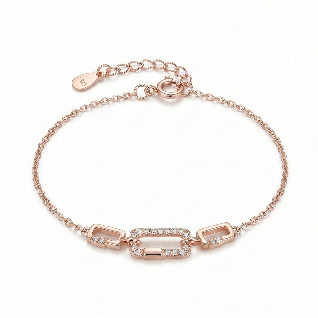 925 Sterling Silver Rose Gold Plated Geometric Paperclip Link Bracelet Jewellery For Women : AG04050137