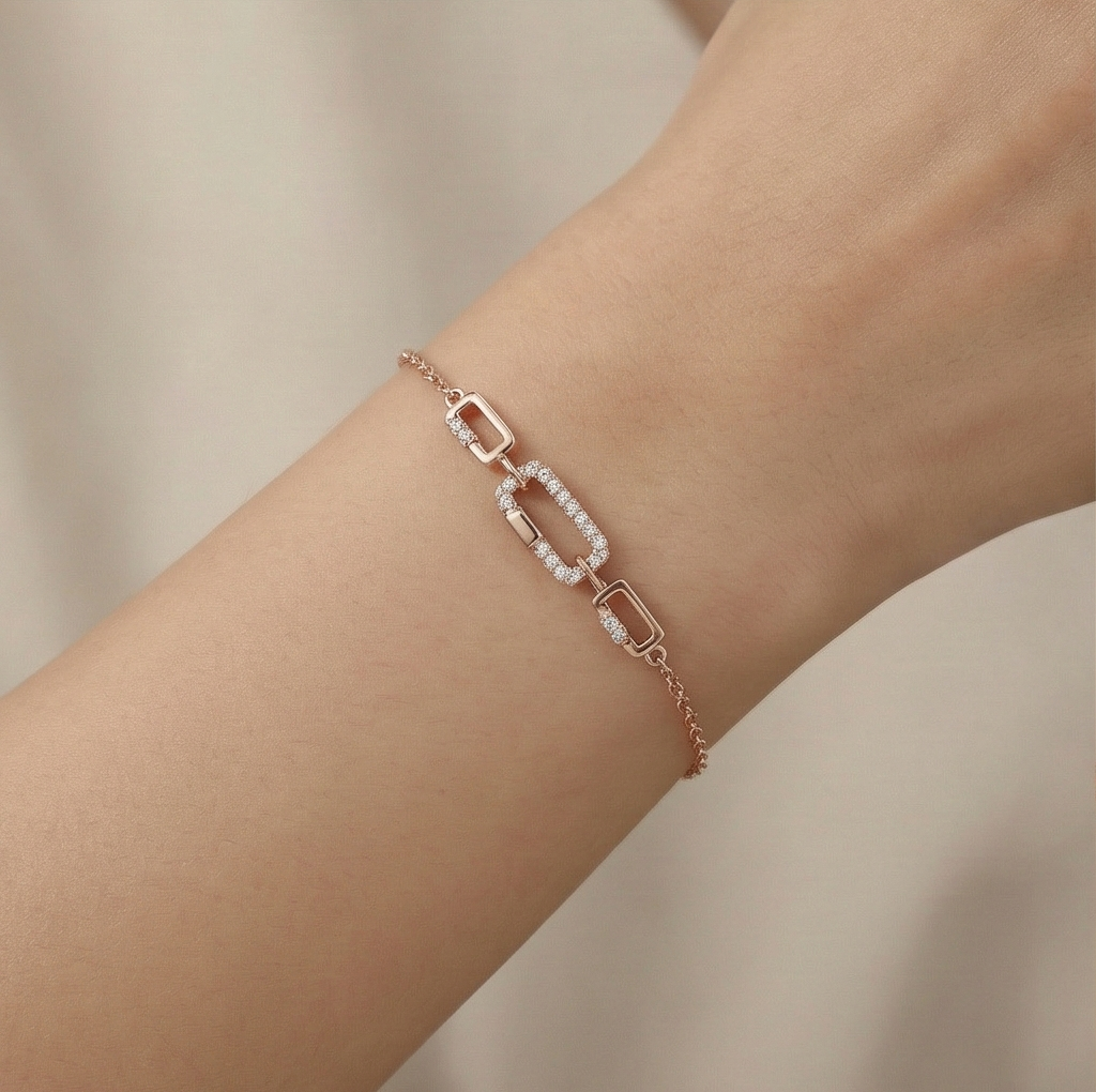 925 Sterling Silver Rose Gold Plated Geometric Paperclip Link Bracelet Jewellery For Women : AG04050137