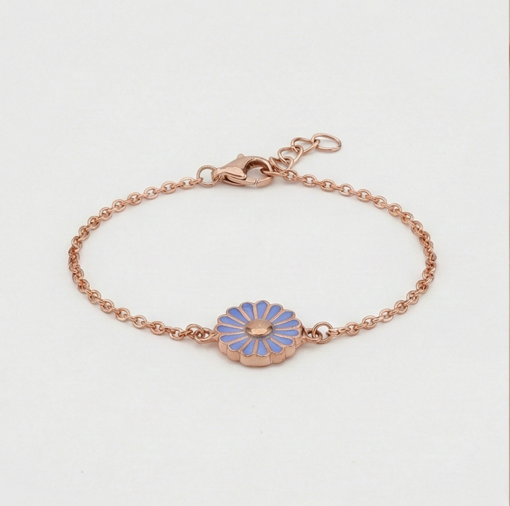 925 Sterling Silver Rose Gold Plated Blue Enamel Daisy Flower Bracelet | Floral Charm Jewellery For Women & Girls : AG03646138