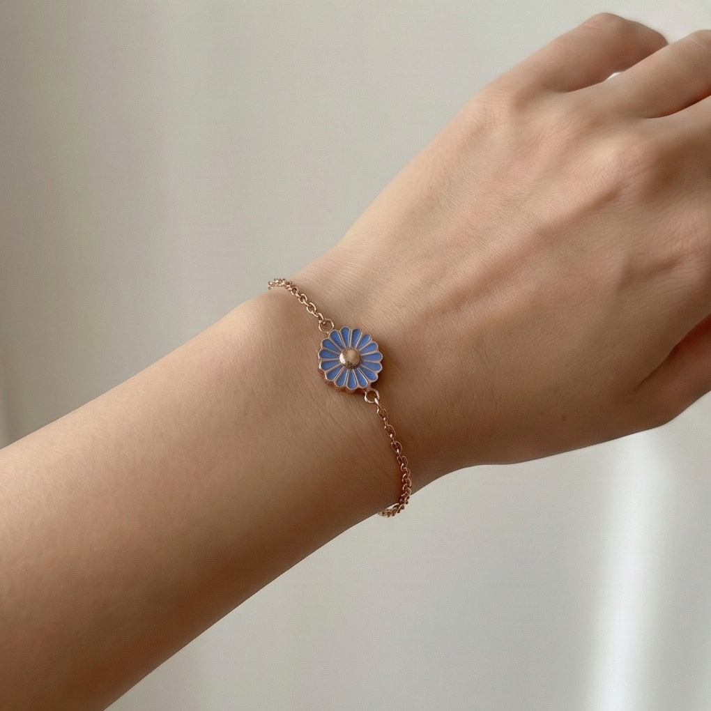 925 Sterling Silver Rose Gold Plated Blue Enamel Daisy Flower Bracelet | Floral Charm Jewellery For Women & Girls : AG03646138