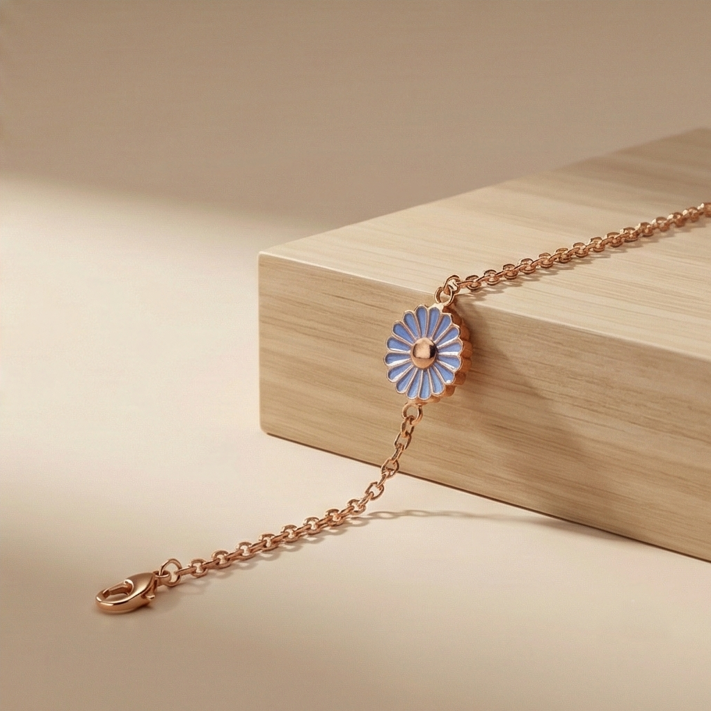 925 Sterling Silver Rose Gold Plated Blue Enamel Daisy Flower Bracelet | Floral Charm Jewellery For Women & Girls : AG03646138