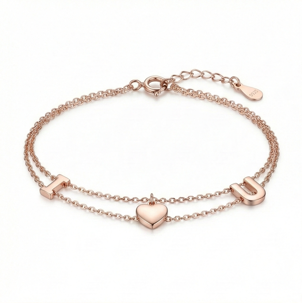 925 Sterling Silver Rose Gold Plated Double Layer Heart & Letter Charm Bracelet | Romantic Love Jewellery For Women : AG04008141