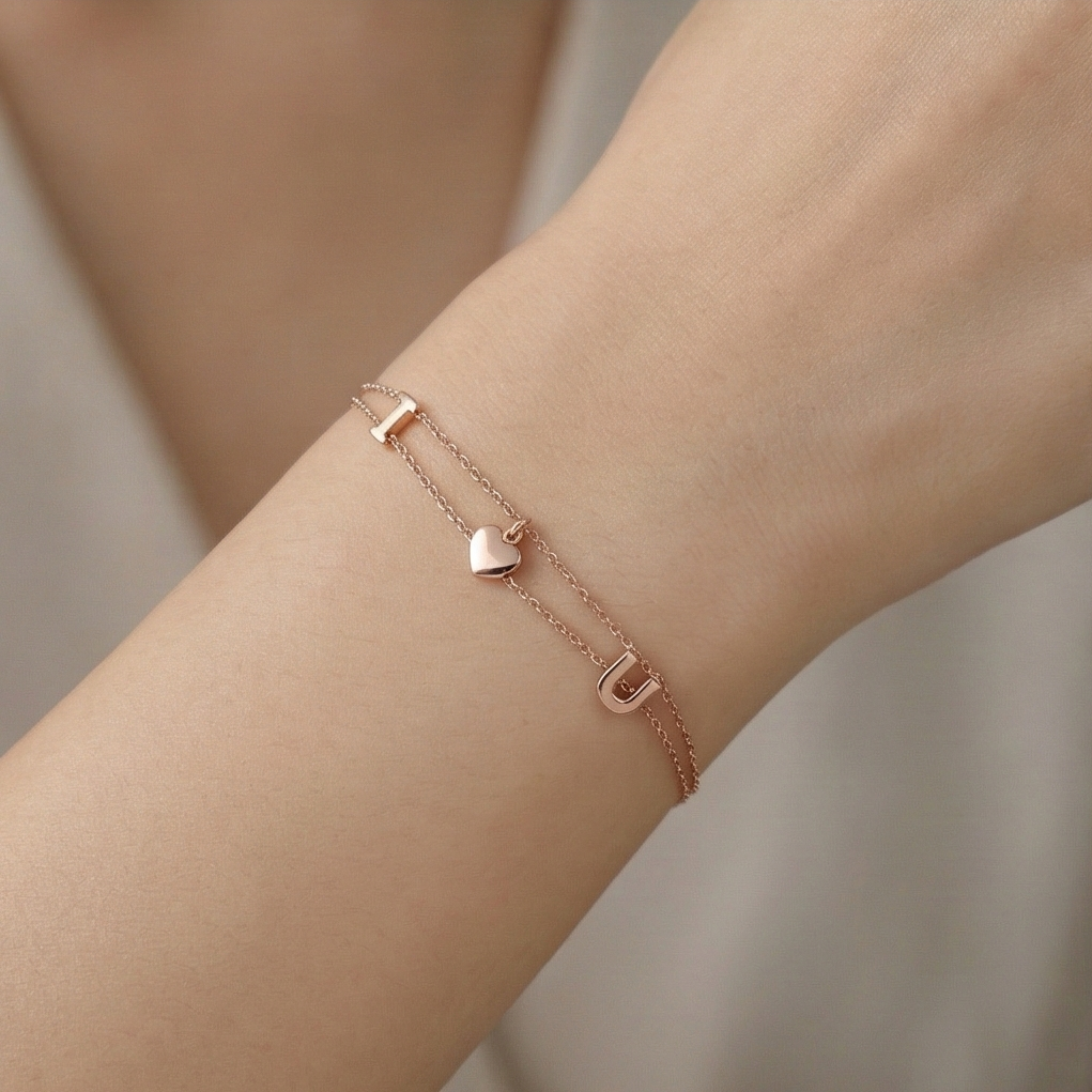 925 Sterling Silver Rose Gold Plated Double Layer Heart & Letter Charm Bracelet | Romantic Love Jewellery For Women : AG04008141