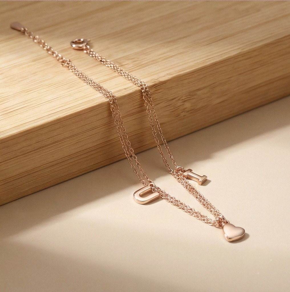 925 Sterling Silver Rose Gold Plated Double Layer Heart & Letter Charm Bracelet | Romantic Love Jewellery For Women : AG04008141