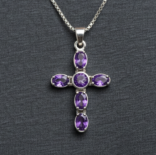 Pure 925 Silver Cross Amethyst Pendant For Men & Women : SP-02
