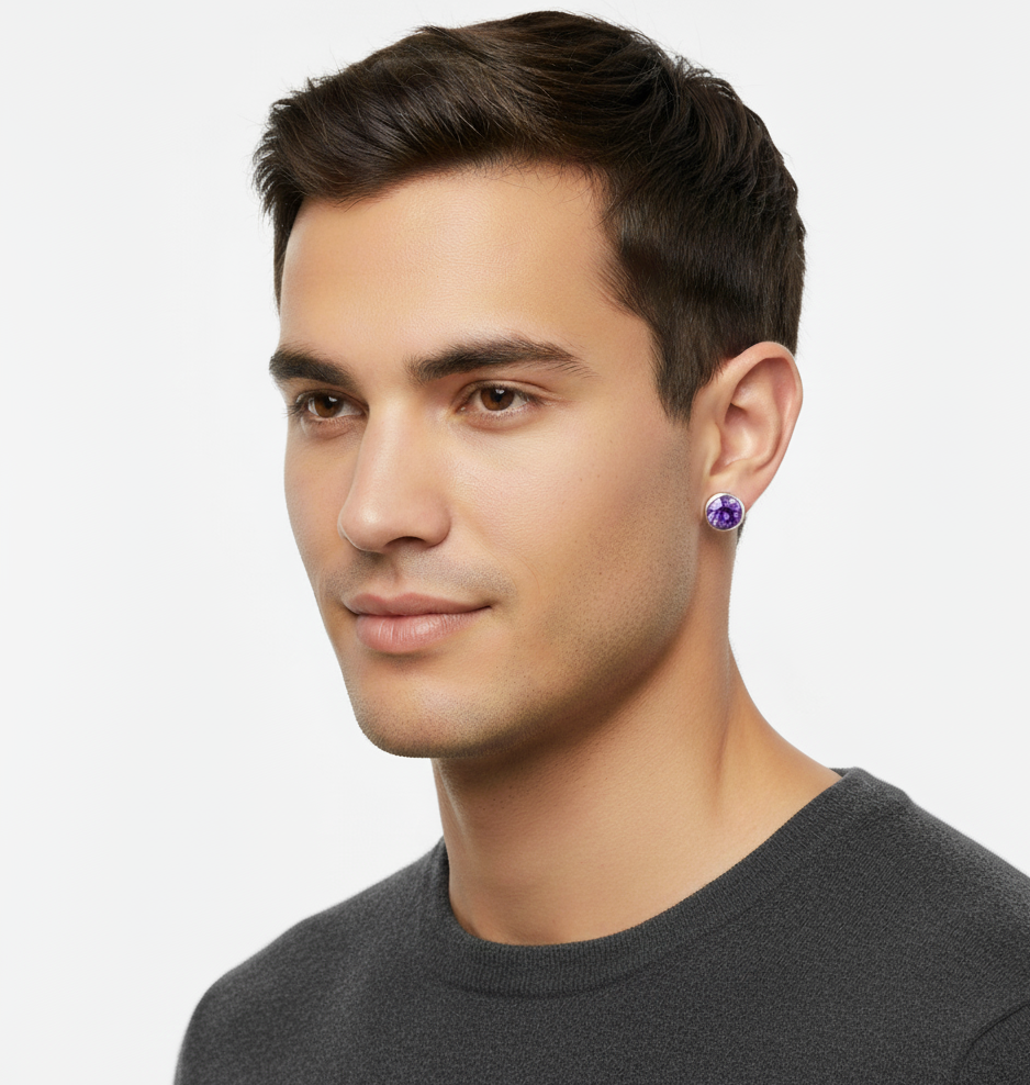 Pure 925 Silver Amethyst Studs Earrings For Men & Women : SE-02