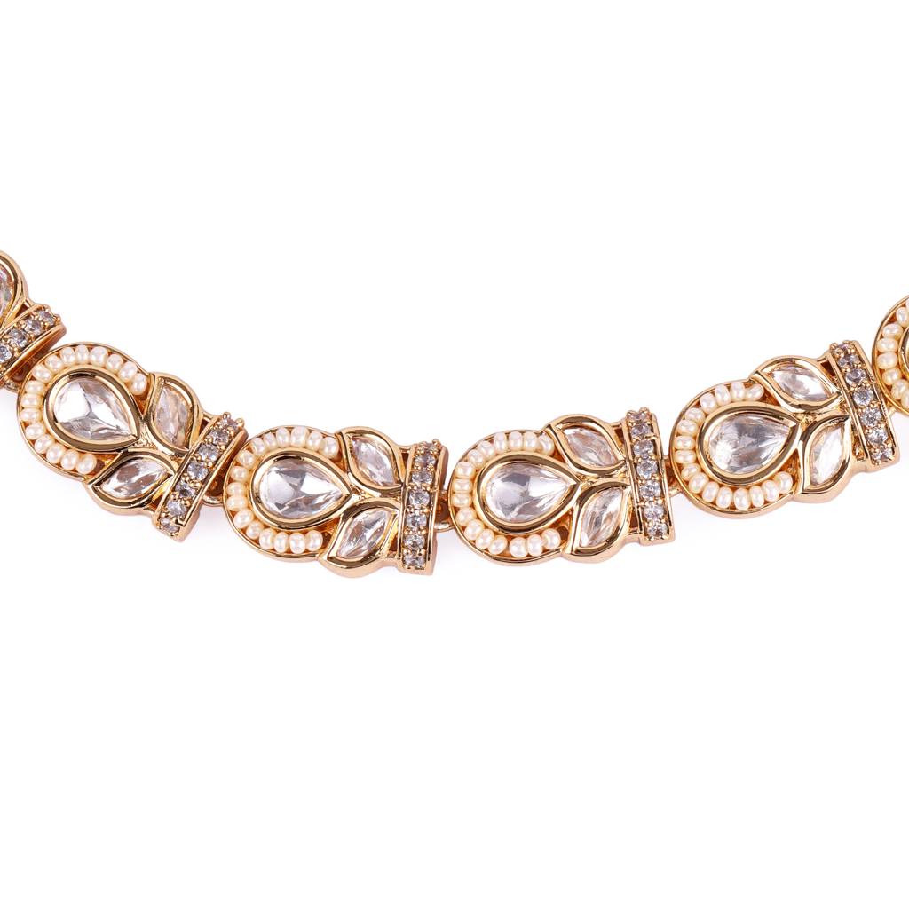 Creative Oval And Leaf Design Uncut Kundan Stone 18 Kt Gold Plated Brass Choker Necklace Set With Maang Tikka For Wo : 01NS728