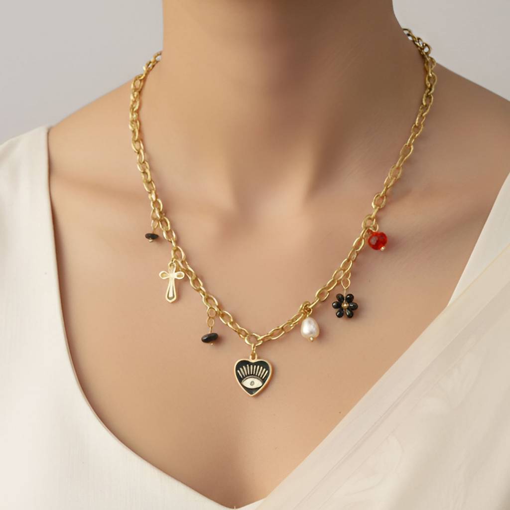 Gold-Plated Trendy Chunky Chain With Heart & Cross Charms Anti-Tarnish Pendant Necklace : HSPS60MB1568
