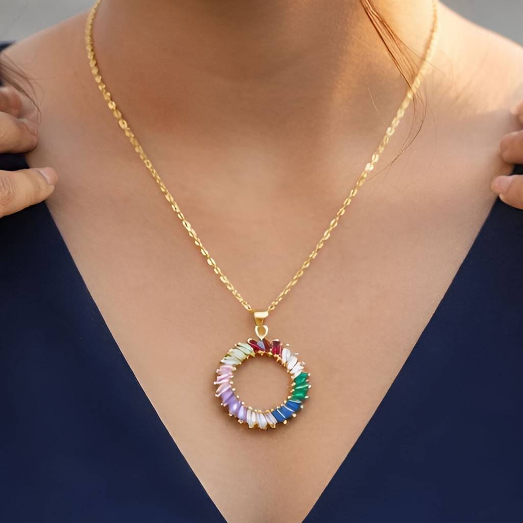 Gold-Plated Rainbow Baguette Stone Circle Anti-Tarnish Pendant Necklace : HSPS60MB1564